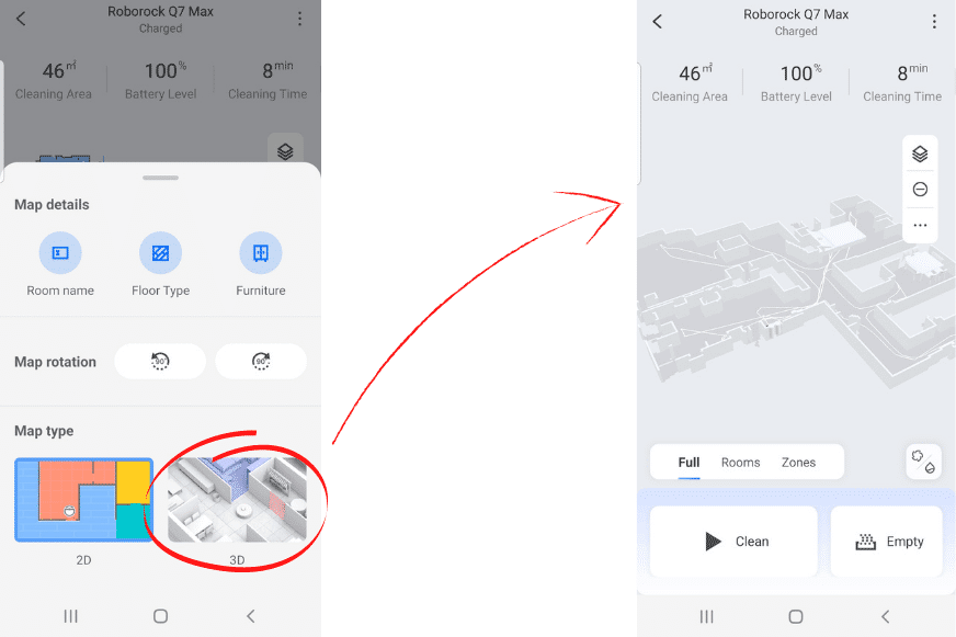3D Wohnungskarte ist in der Roborock Q7 Max App zu sehen